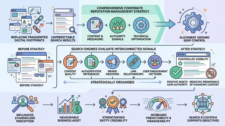 Which corporate reputation management approach delivers measurable SERM results