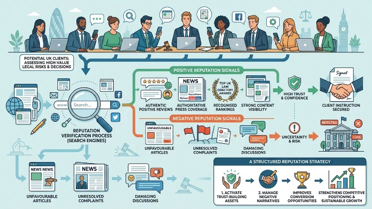 Why does law firm reputation management influence client instructions in the UK?