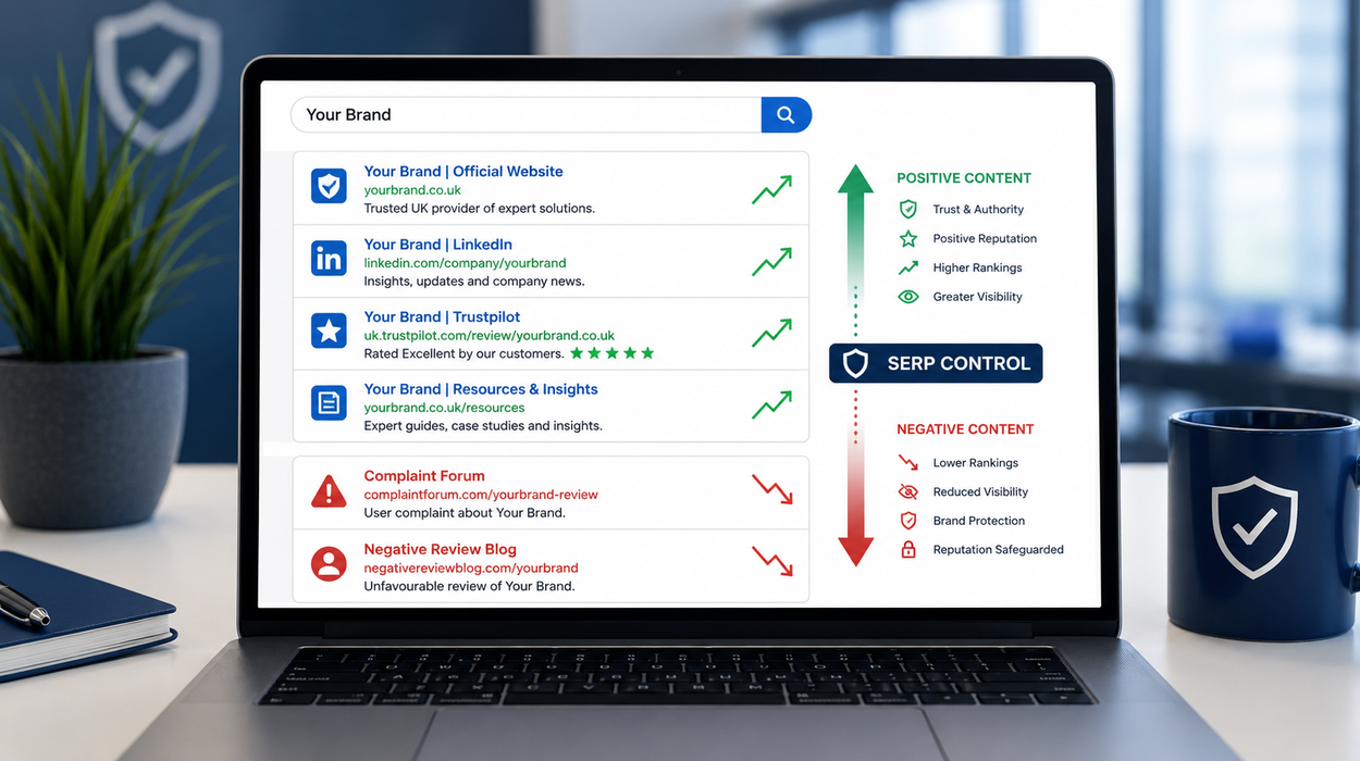 SEO strategy dashboard showing search ranking results and reputation metrics