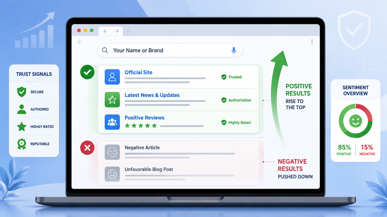 Laptop displaying a search engine results page with positive content rising and negative results being pushed down, illustrating SEO trust signals and content ranking improvement