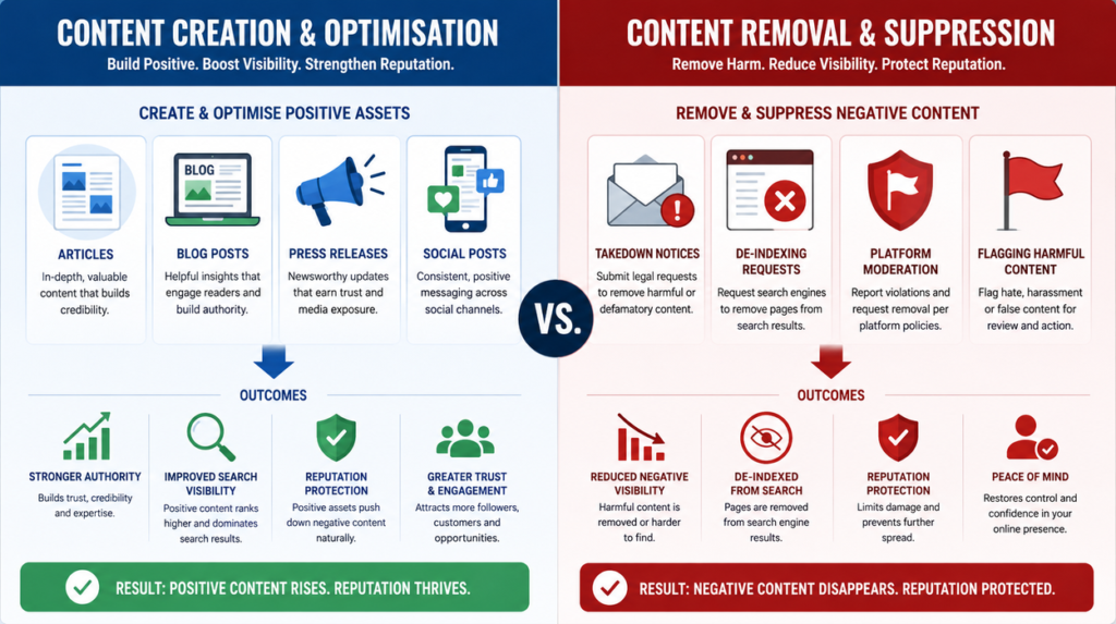 Infographic showing content creation and optimisation versus content removal and suppression for reputation management. Positive assets on the left build authority, while removal actions on the right reduce negative visibility.