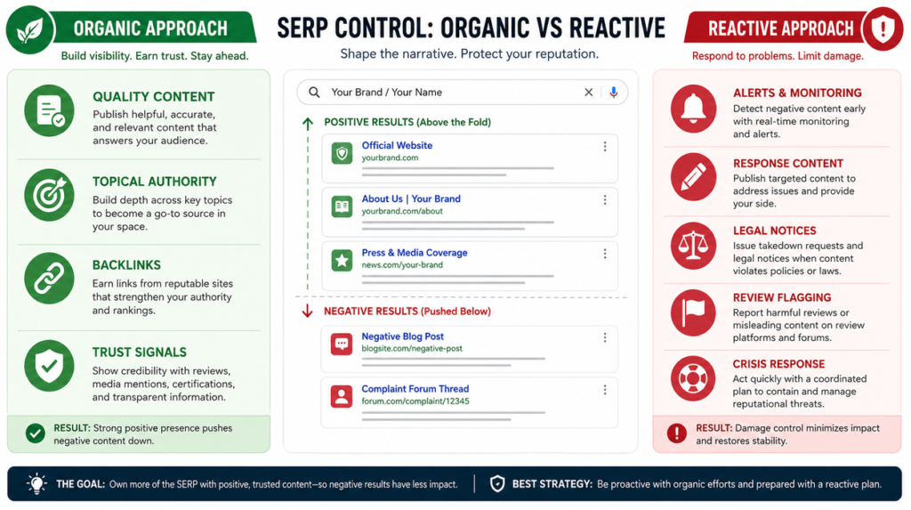 Split infographic comparing organic versus reactive approaches in SERP control, showing structured content building on the left and immediate reactive actions on the right
