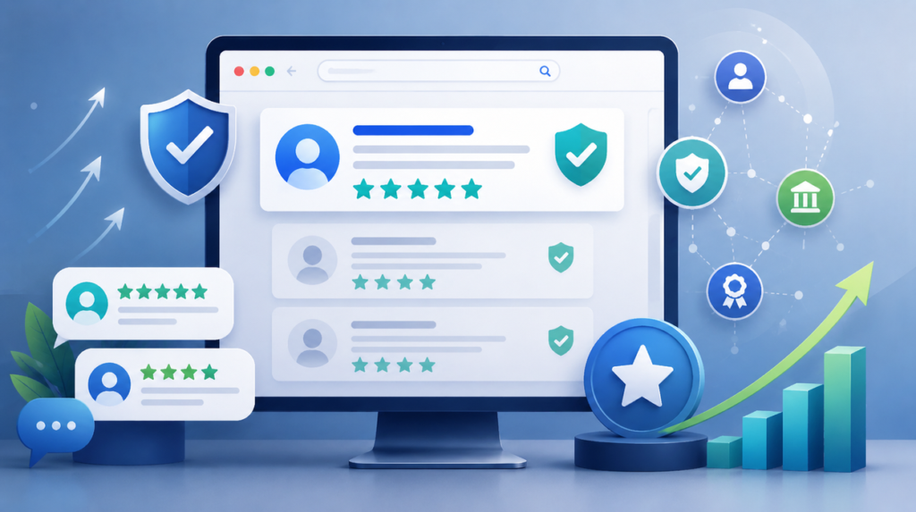 Review cards, star ratings, shield icons and upward ranking indicators showing online credibility signals.